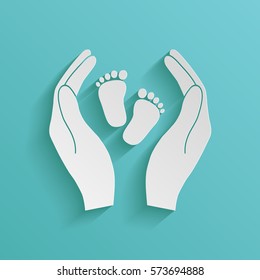 Hands holding baby foot - protection symbol