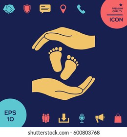 Hands holding baby foot, protection symbol