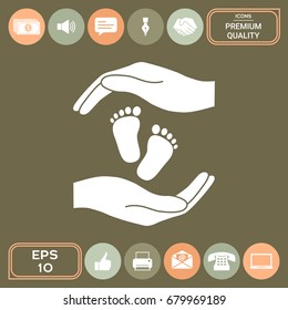 Hands holding baby foot, protection symbol