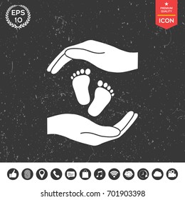 Hands holding baby foot, protection symbol