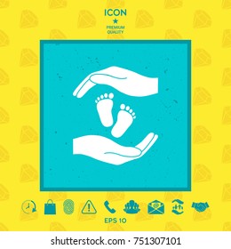 Hands holding baby foot, protection symbol