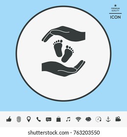 Hands holding baby foot, protection symbol