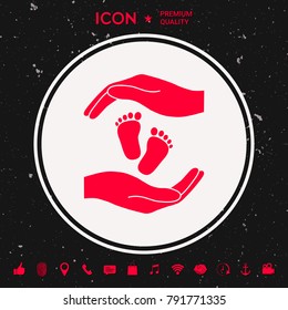 Hands holding baby foot, protection symbol
