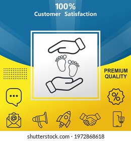 Hands holding baby foot vector glyph color icon. With yellow and blue background option