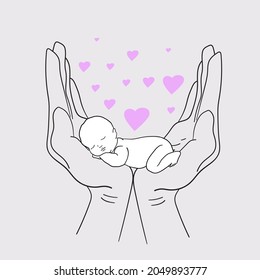 Hands holding a baby , hand drawn illustration .Social poster, greeting card. Save. 