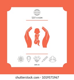 Hands holding baby, protection symbol.