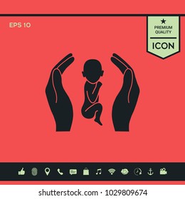 Hands holding baby, protection symbol.