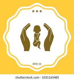 Hands holding baby, protection symbol.
