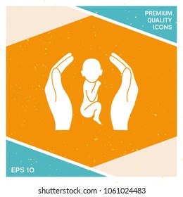 Hands holding baby, protection symbol.