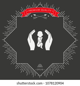Hands holding baby, protection symbol.