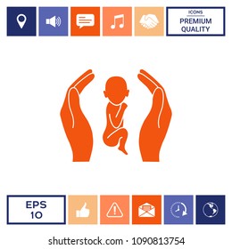 Hands holding baby, protection symbol.