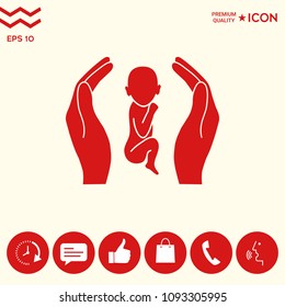 Hands holding baby, protection symbol.