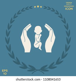 Hands holding baby, protection symbol.
