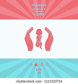 Hands holding baby, protection symbol.