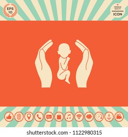 Hands holding baby, protection symbol.