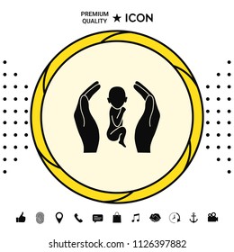 Hands holding baby, protection symbol.