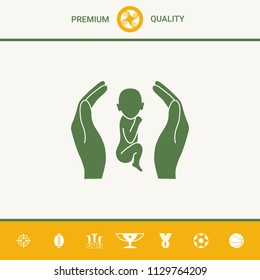 Hands holding baby, protection symbol.