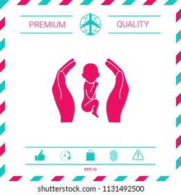 Hands holding baby, protection symbol.