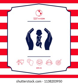 Hands holding baby, protection symbol.