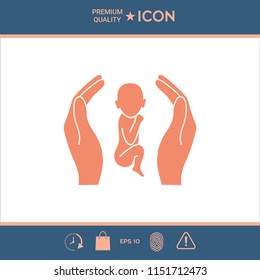 Hands holding baby, protection symbol.