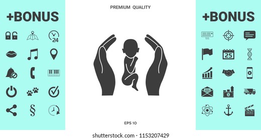 Hands holding baby, protection symbol.