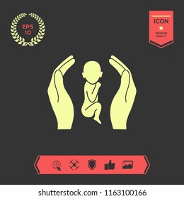 Hands holding baby, protection symbol.