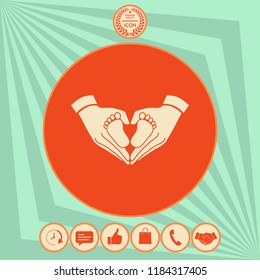 Hands holding baby - protection symbol. Heart shape made with hands