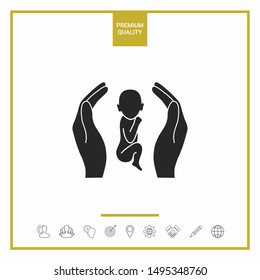 Hands holding baby, protection symbol. Graphic elements for your design