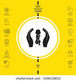 Hands holding baby, protection symbol. Graphic elements for your design