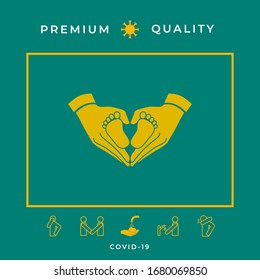 Hands holding baby - protection symbol. Heart shape made with hands. Graphic elements for your design