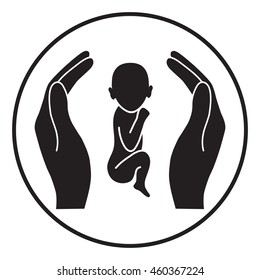 Hands holding baby, protection symbol.