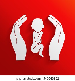Hands holding baby, protection symbol.