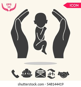 Hands holding baby, protection symbol.