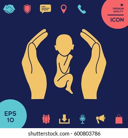 Hands holding baby, protection symbol.