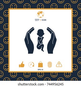 Hands holding baby, protection symbol.