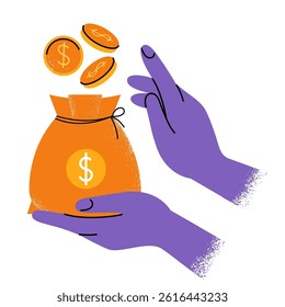 hands holding a bag with money and coins highlighted on a white background. concept of finance, income, profit, earnings. flat pattern with texture, bright colors. EPS 10.