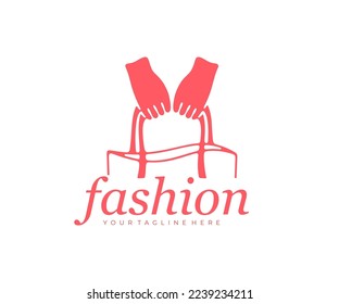 Hands holding a bag, woman or girl, fashion and accessories, logo design. Shopping and purchases, handbag or paper bag, bag canvas fabric with handle, vector design and illustration