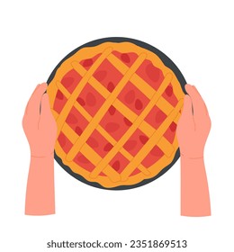 Hands holding baked cake. Kitchen cooking meal, home made pastry vector illustration