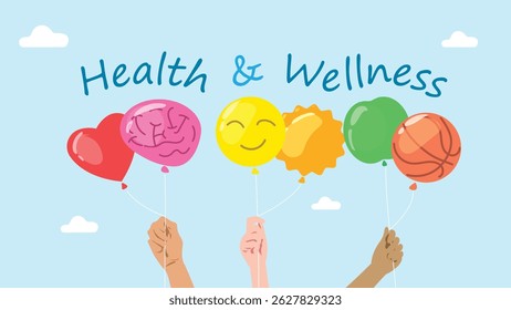 Hands holding up balloons with the shape of positivity, Health, wellness and mental being illustration.