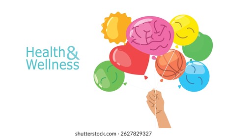 Hands holding up balloons with the shape of positivity, Health, wellness and mental being illustration.