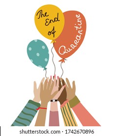 Hands are holding baloons with sign - The end of Quarantine. Celebrating the end of the Quarantine. Pandemic end, finish. Hand drawn vector illustration isolated on white background.