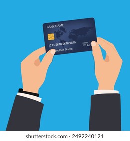 Hands holding bank credit card isolated on blue background. Vector illustration
