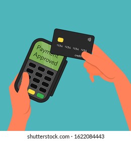 Hands holding bank terminal and credit card. Performing nfc contactless payment with card. Blue background. Flat vector illustration.