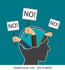 Hands holding a banner. Human head with word no. Protest and prohibitions. Stock vector flat graphic illustration.