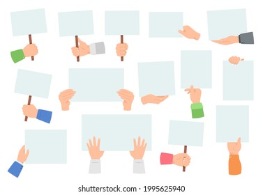 Hands Holding Banners. Peaceful Protesters Hold Placards. Empty Sign, Board, Banner In Hand. Demonstration Or Protest, Voting Campaign Vector Set. Activists Support Social Or Political Manifestation