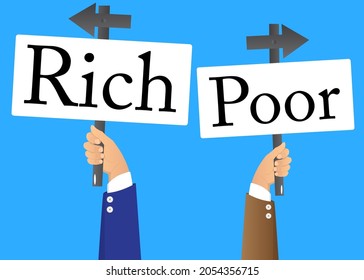Hands holding up banners with Poor or Rich words with arrows. Man showing billboard banner, sign.