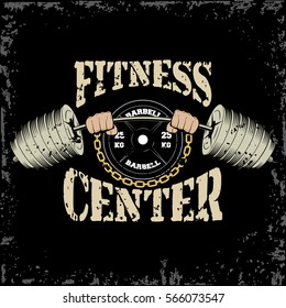 Hands holding barbell gym and fitness sport club vintage logo on a black background. Vector illustration.