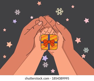 Hands holding beautiful gift box, parents and child giving gift, Christmas holidays and greeting season
