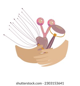 Hands holding beauty massagers. Vector illustration.