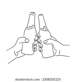 Hands holding beer bottle in sketch style. Cheers concept. Vector.